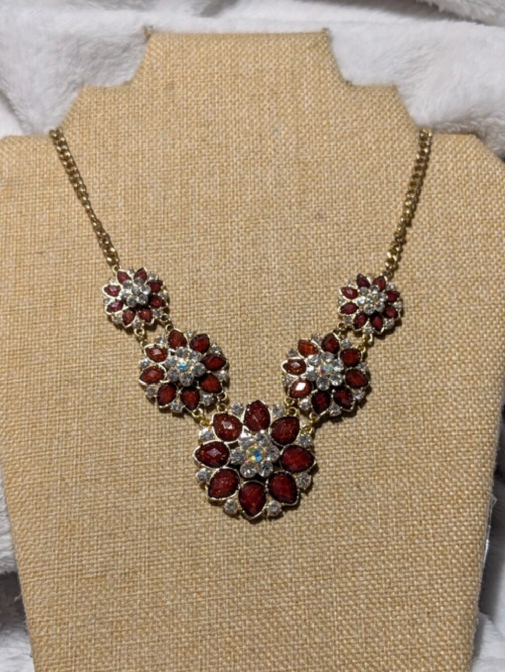 Icing Gold-Tone Floral Necklace with Deep Red Rhinestones